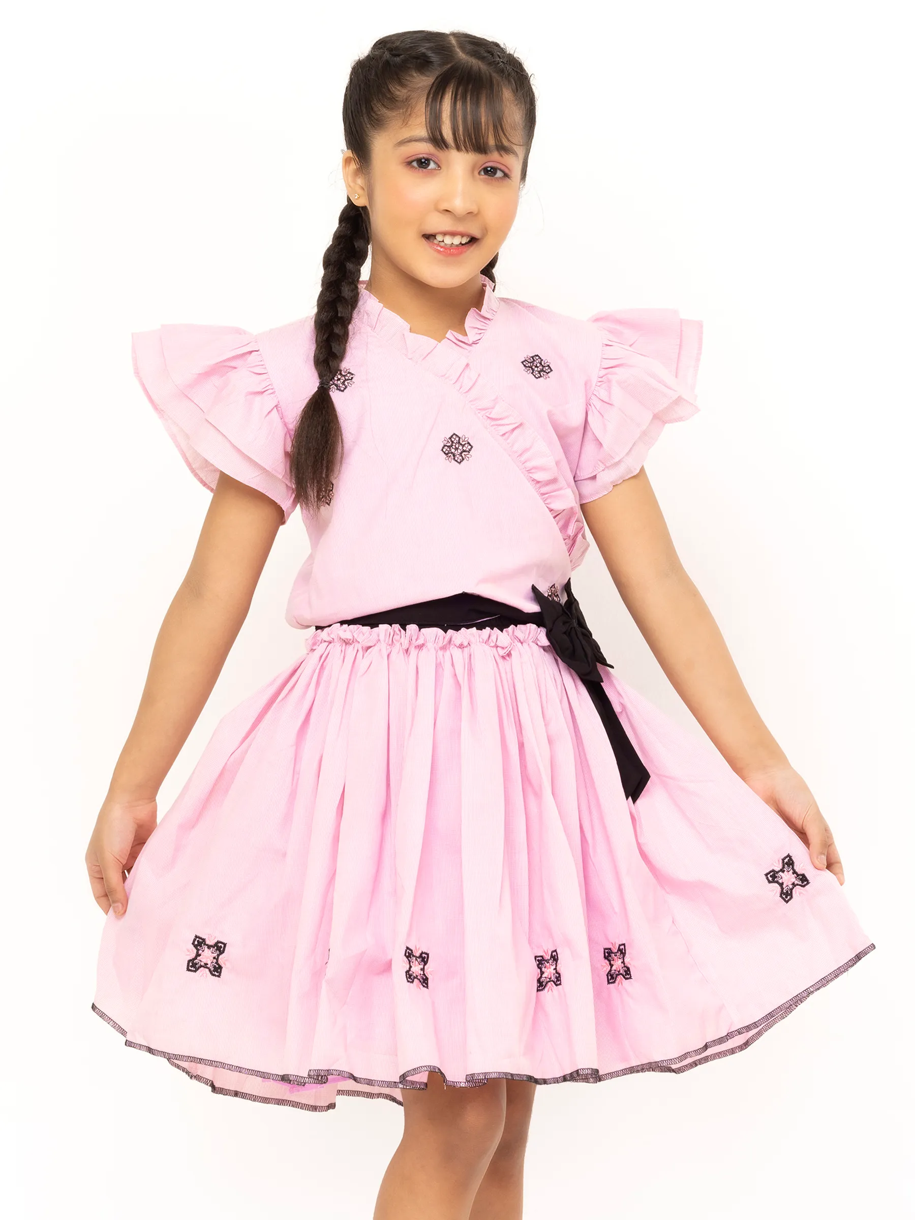 Pink Check Embroidered Cotton Skirt Top Set